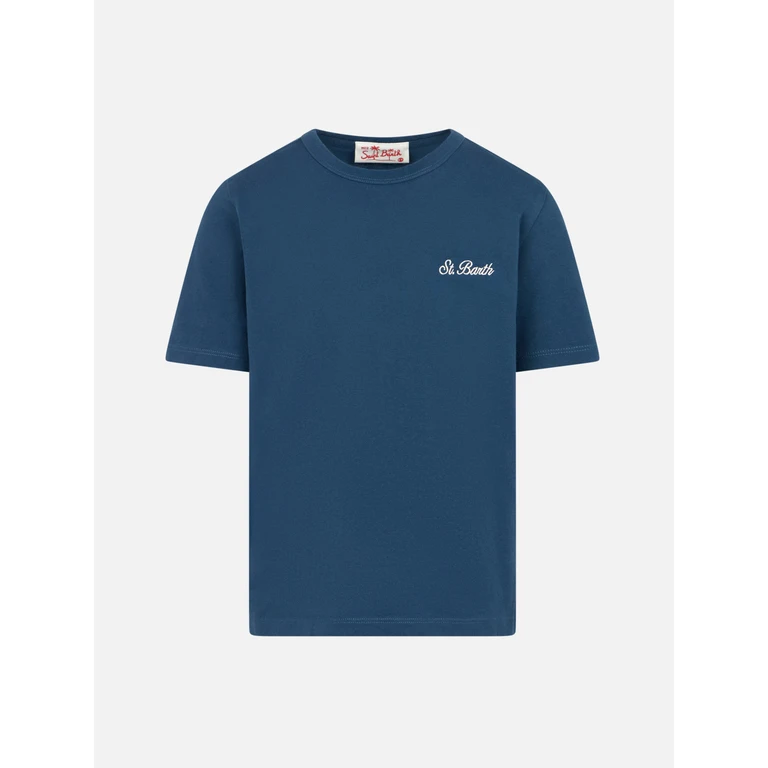 Mc2 Saint Barth Boy Navy Blue Cotton Jersey T-Shirt Dover With St. Barth Embroidery