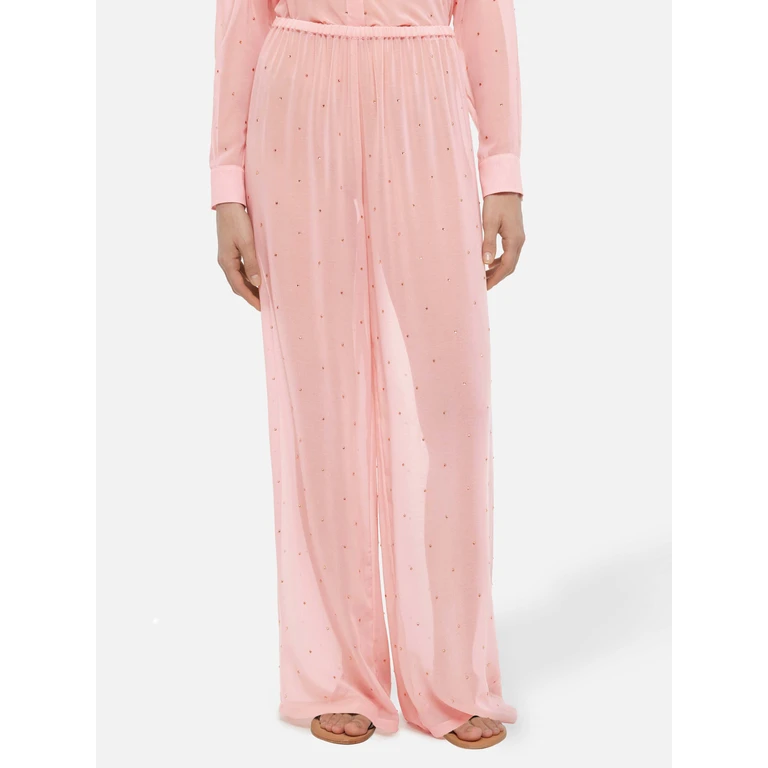 Mc2 Saint Barth Amalia Pink Wide-Leg Georgette Trousers With Rhinestone Embellishment Pant - Women