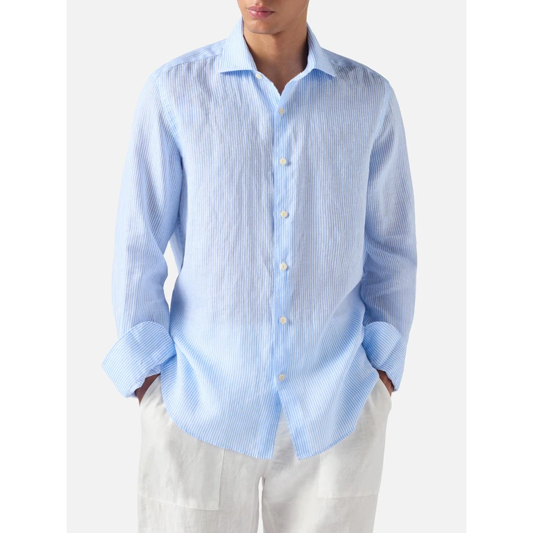Mc2 Saint Barth Light Blue Striped Pamplona Shirt In Linen __single__ - Men