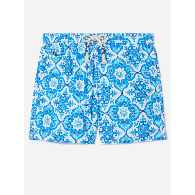 Mc2 Saint Barth Lighting 70 Swim Shorts With Blue Majolica Print White Swimshort - Men