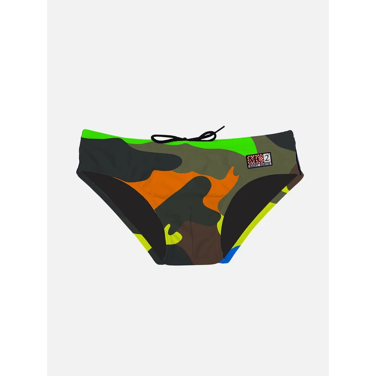 Mc2 Saint Barth Boy Swim Briefs With Multicolor Camouflage Print Fluo Brief / Slip