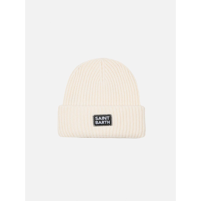 Mc2 Saint Barth White Ribbed Beanie Berry Jr With Saint Barth Patch Hat - Unisex