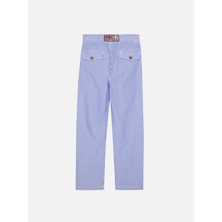 Mc2 Saint Barth Calais Jr Seersucker Striped Pants With Drawstring Blue