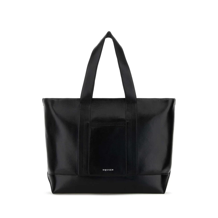 Alexander McQueen Black Leather Shopping Bag Blacksilver Lamb Skin Borse A Mano - Men