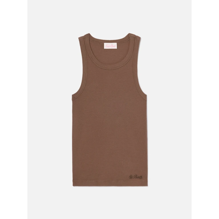 Mc2 Saint Barth Brown Ribbed Ada Tank Top With Embroidery Top_apparel - Women