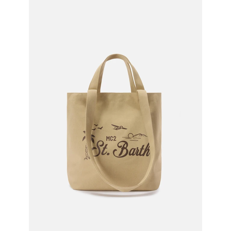 Mc2 Saint Barth Essential Beach Beige Cotton Tote Bag With Embroidered Logo Brown - Unisex