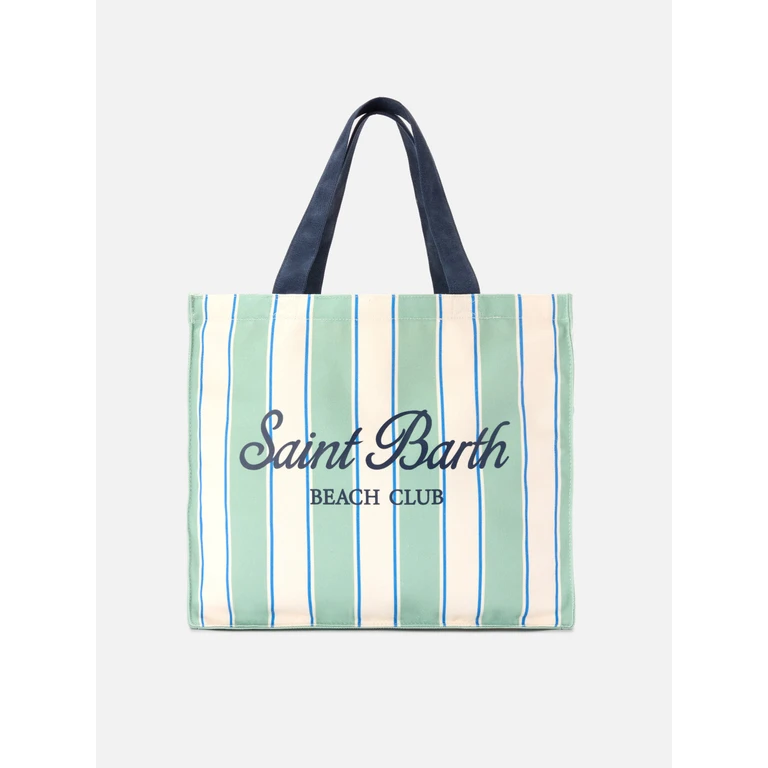 Mc2 Saint Barth Essential Canvas Tote Bag With Green, Light Blue And White Stripes Contrasting Logo - Unisex