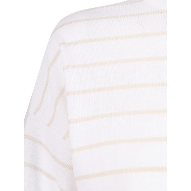 Kangra Cashmere Two-Tone Striped Boat Neck Sweater With Elbow-Length Sleeves White Cotton Crewneck - Women