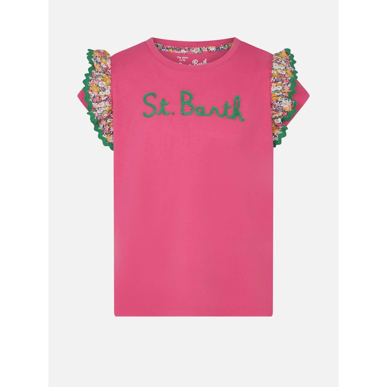 Mc2 Saint Barth Girl Cotton T-Shirt With Flounce And Embroidery Pink