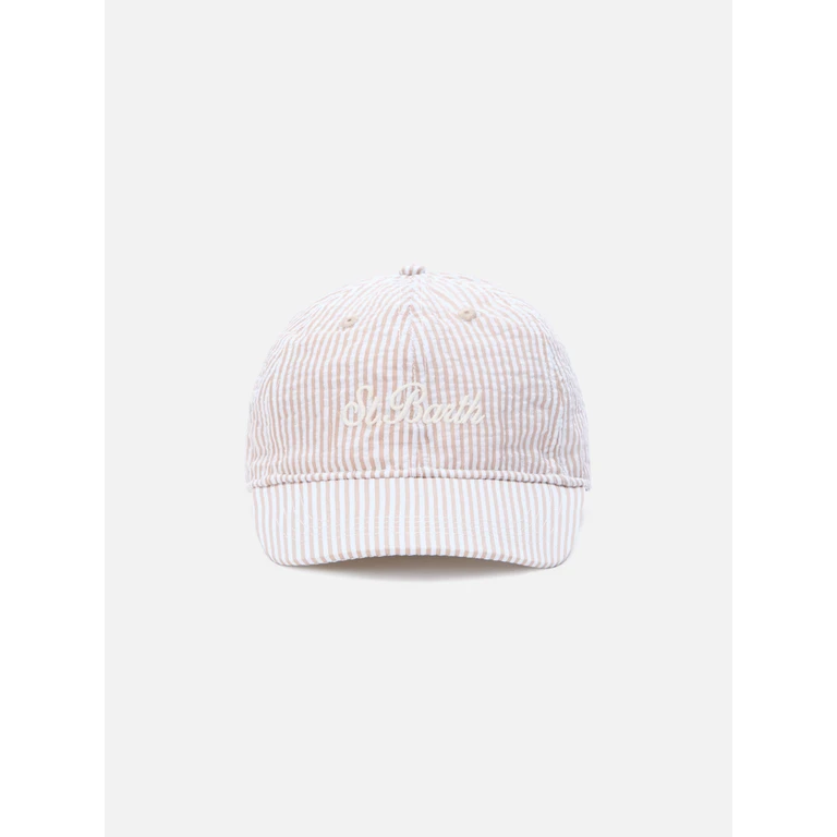 Mc2 Saint Barth Baseball Cap With Visor Cotton Seersucker Beige And White Stripes Hat - Unisex