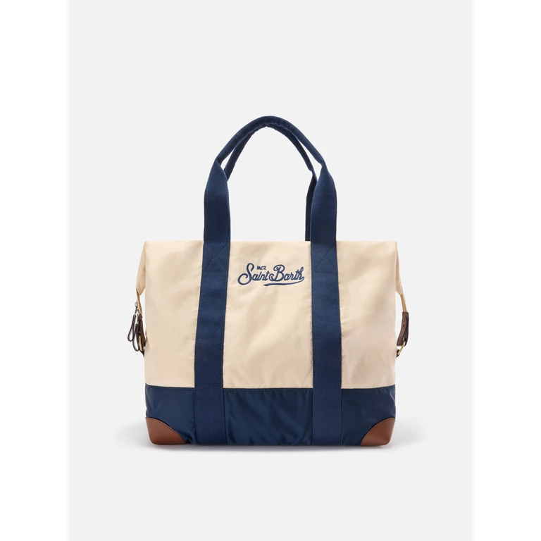Mc2 Saint Barth Travel Bag Cream And Blue Nylon Weekender With Embroidered Logo White - Unisex
