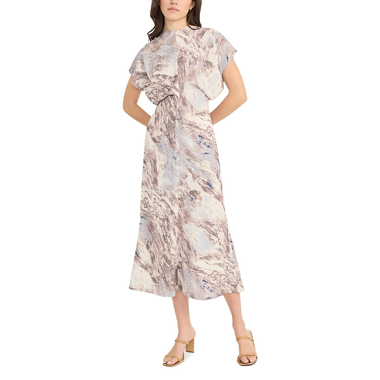 Luxely Printed Short Sleeve Gathered Midi Dress