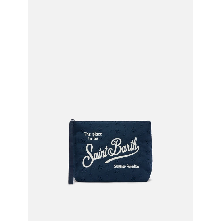 Mc2 Saint Barth Aline Blue Broderie Anglaise Cotton Pouch Pochette - Unisex