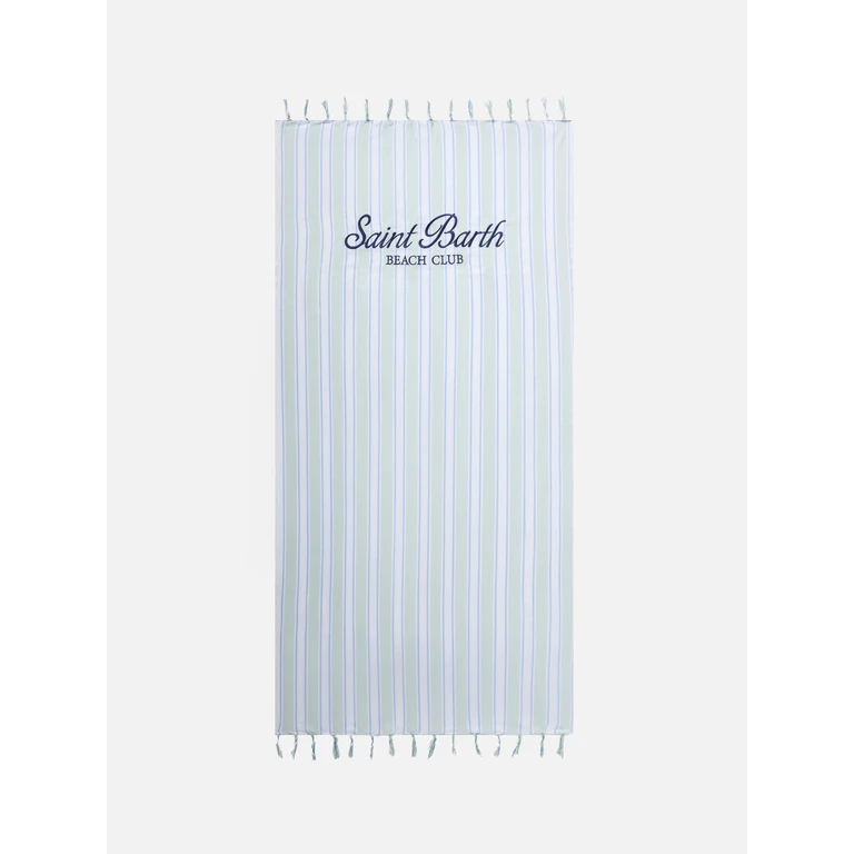 Mc2 Saint Barth Foutas Lightbeach Towel With Aqua Green And White Stripes Embroidered Logo - Unisex