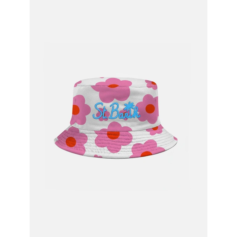 Mc2 Saint Barth Cotton Bucket Hat With Front Embroidery And Floral Pattern White - Unisex