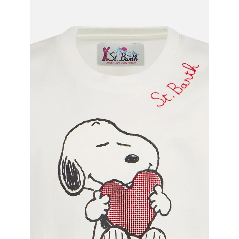 Mc2 Saint Barth Girl Heavy Cotton T-Shirt With Snoopy Rhinestones Print Peanuts Special Edition White