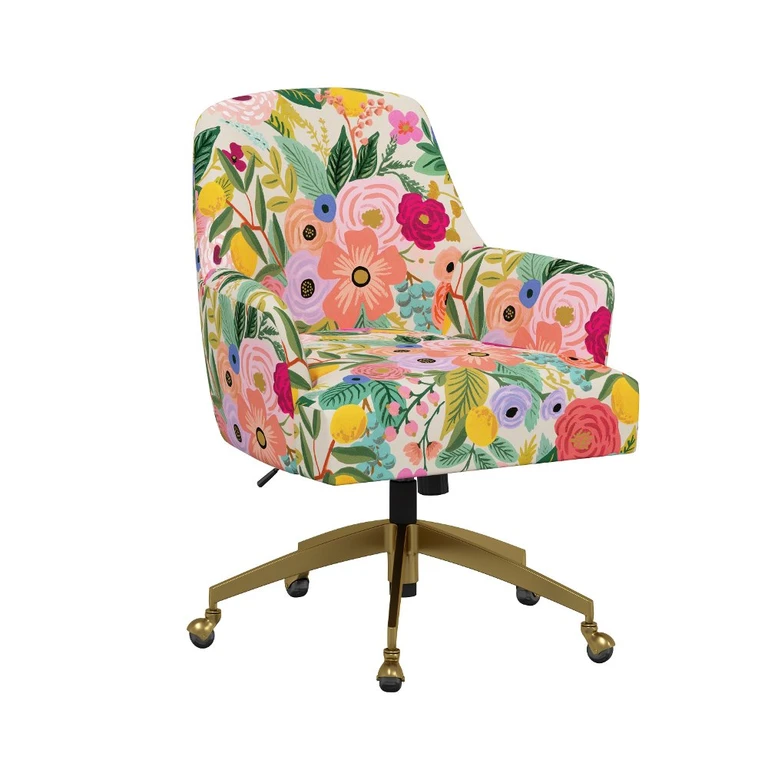 Rifle Paper Co Yvette Garden Party Pink Office Chair with Gold Base