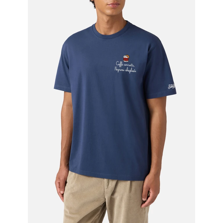Mc2 Saint Barth Arnott Cotton T-Shirt In Blue With Caffè Corretti Negroni Sbagliati Embroidery __single__ - Men