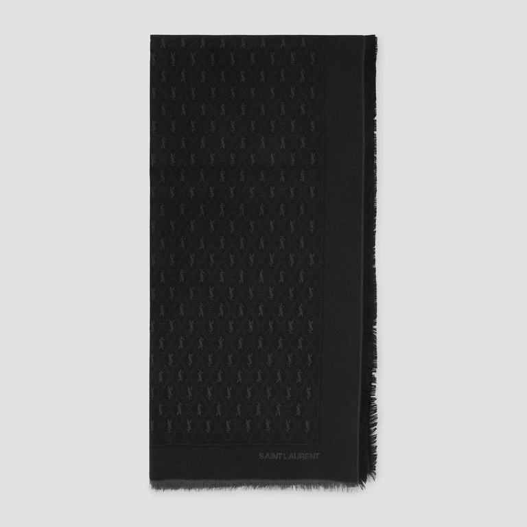 Saint Laurent Jacquard Monogram Scarf Black Wool Cotton Silk - Women