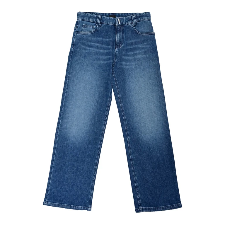 Givenchy Kids Denim trousers, adjustable waist, Givenchy metal plate on belt, 4G and 1952 signature embroidery back. Blue Jean