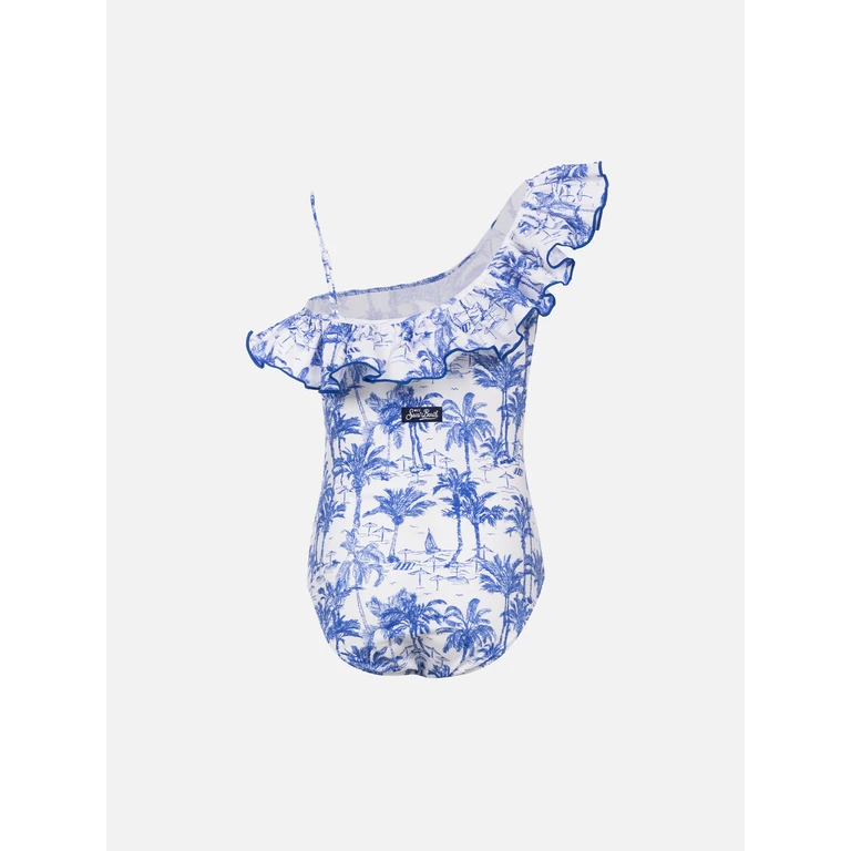 Mc2 Saint Barth Girl Ruffled One Piece Carin Swimsuit With Toile De Jouy Print White