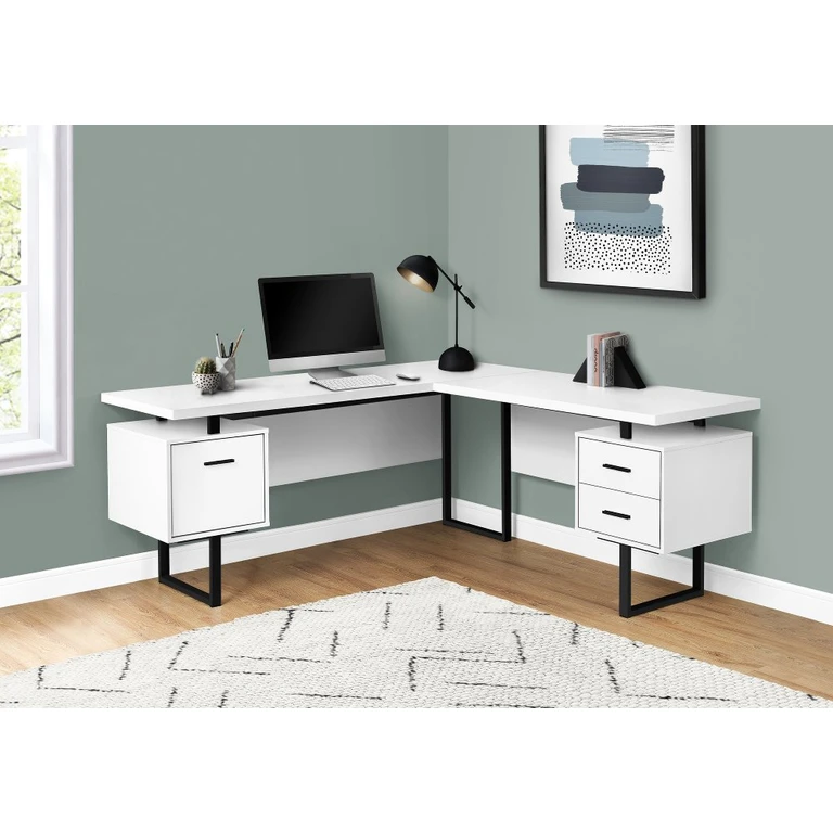 Karner White and Black L-Shaped Desk