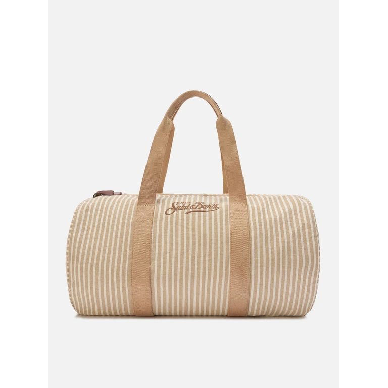 Mc2 Saint Barth Round Jetleg Beige And White Striped Linen Weekender Brown Bag - Unisex