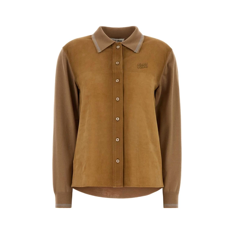 Miu Miu Camel Wool And Suede Cardigan Cammello Maglieria - Women