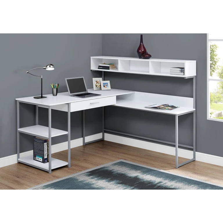 White and Silver Metal Corner Computer Desk