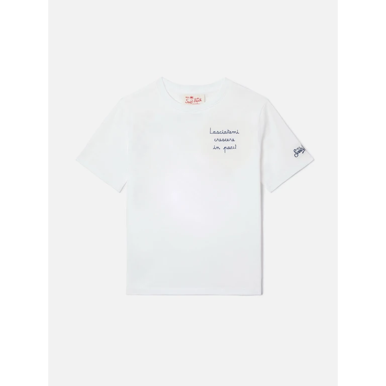 Mc2 Saint Barth Portofino Jr T-Shirt With Lasciatemi Crescere Pace! Embroidery White
