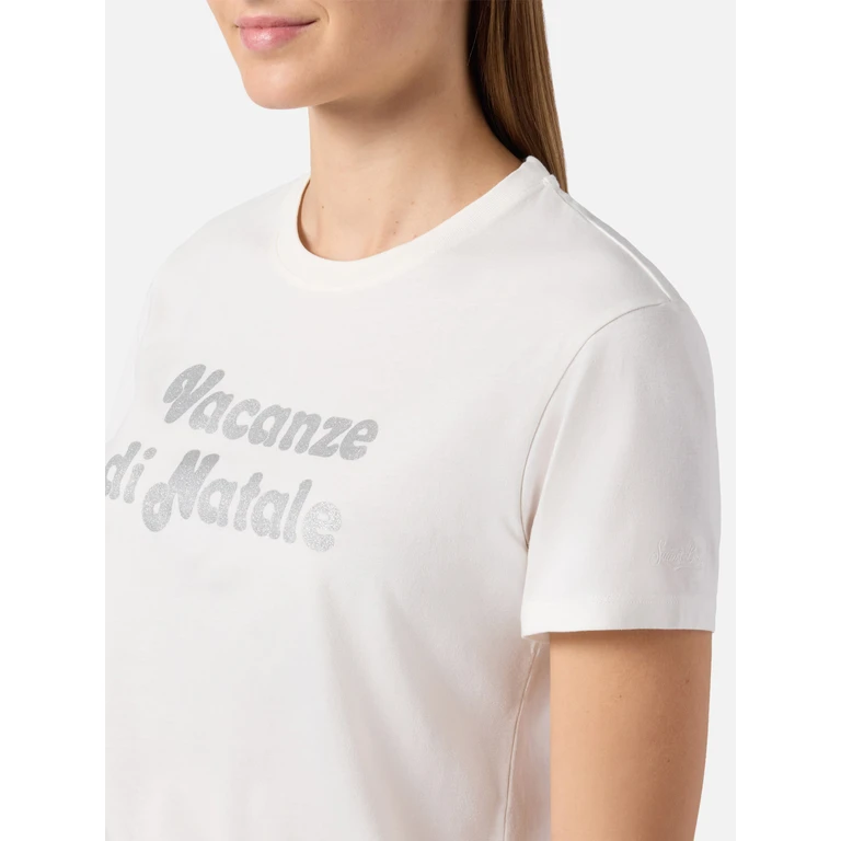 Mc2 Saint Barth Emilie Cotton T-Shirt In White With Vacanze Di Natale Silver Glitter Print Special Edition __single__ - Women