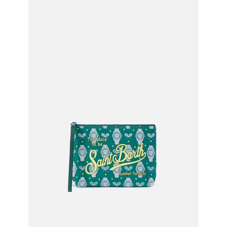 Mc2 Saint Barth Aline Scuba Pouch With Tennis And Watch Print Green Pochette - Unisex