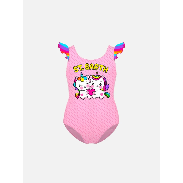 Mc2 Saint Barth Girl Ruffled One Piece Swimsuit With Unicorn Print Pink