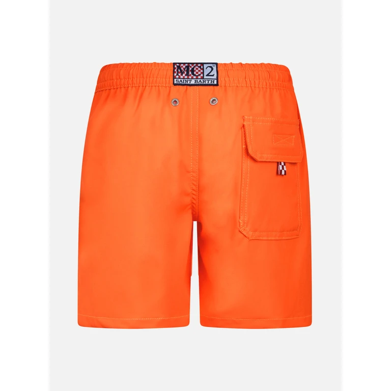 Mc2 Saint Barth Boy Comfort Swim Shorts With Stai Calmo Lo Dici Al Mare Embroidery Fluo Swimshort