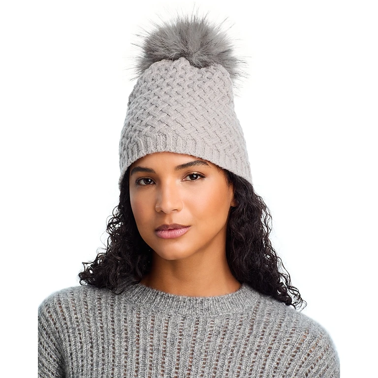 Kyi Kyi Faux Fur Pom Pom Lattice Knit Beanie