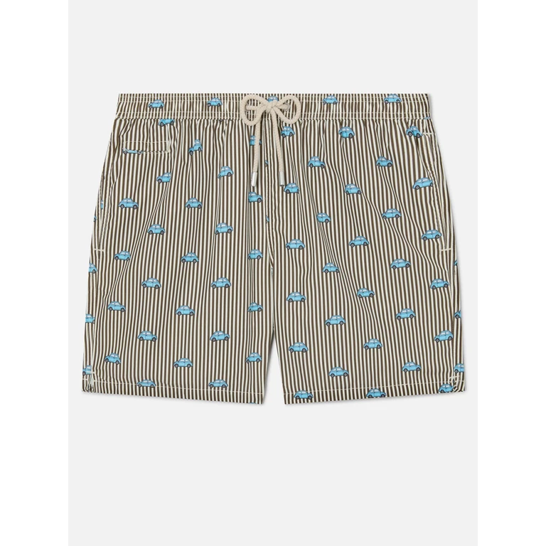 Mc2 Saint Barth Striped Lighting Micro Swim Shorts With Fiat 500 Print Special Edition Brown Swimshort - Men