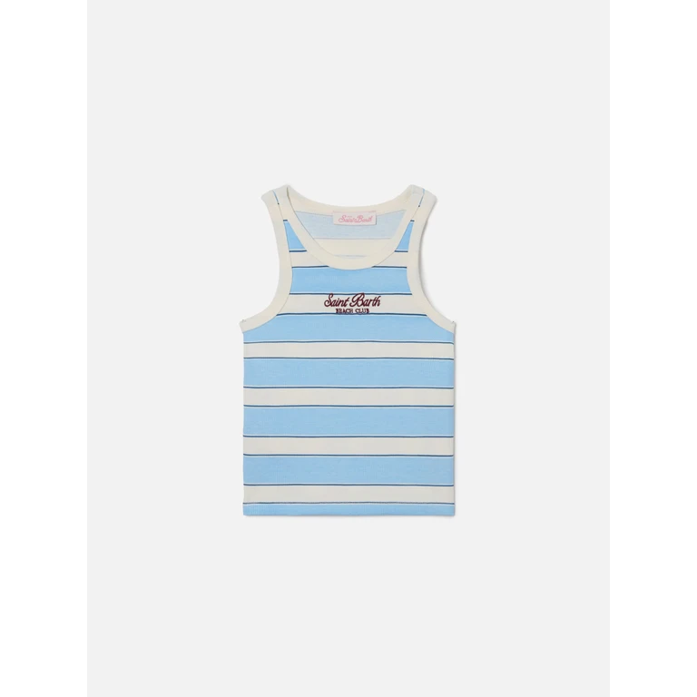 Mc2 Saint Barth Blue Jr Tank-Top With Light And Cream Stripes Embroidered Logo Top_apparel
