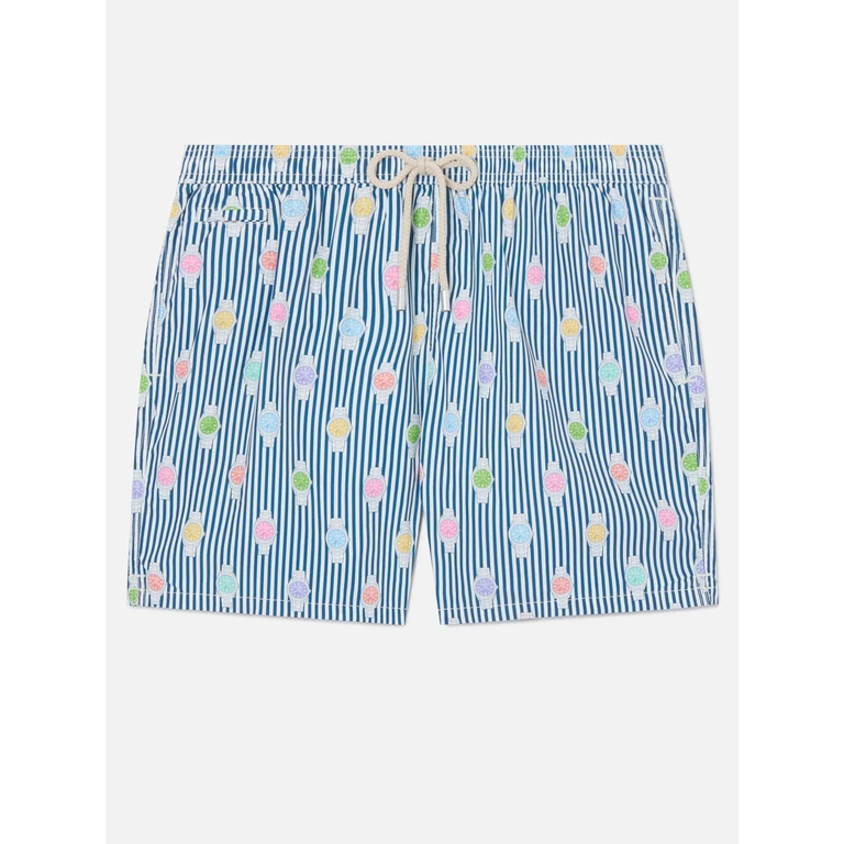 Mc2 Saint Barth Navy Striped Lighting Micro Swim Shorts With Watch All-Over Print Blue Swimshort - Men