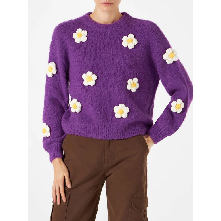 MC2 Saint Barth Woman Brushed Crewneck Sweater With Daisy Appliqué