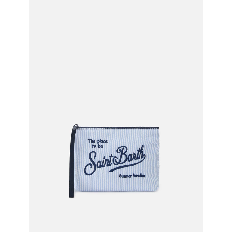Mc2 Saint Barth Aline Light Blue Striped Seersucker Cotton Pouch Pochette - Unisex