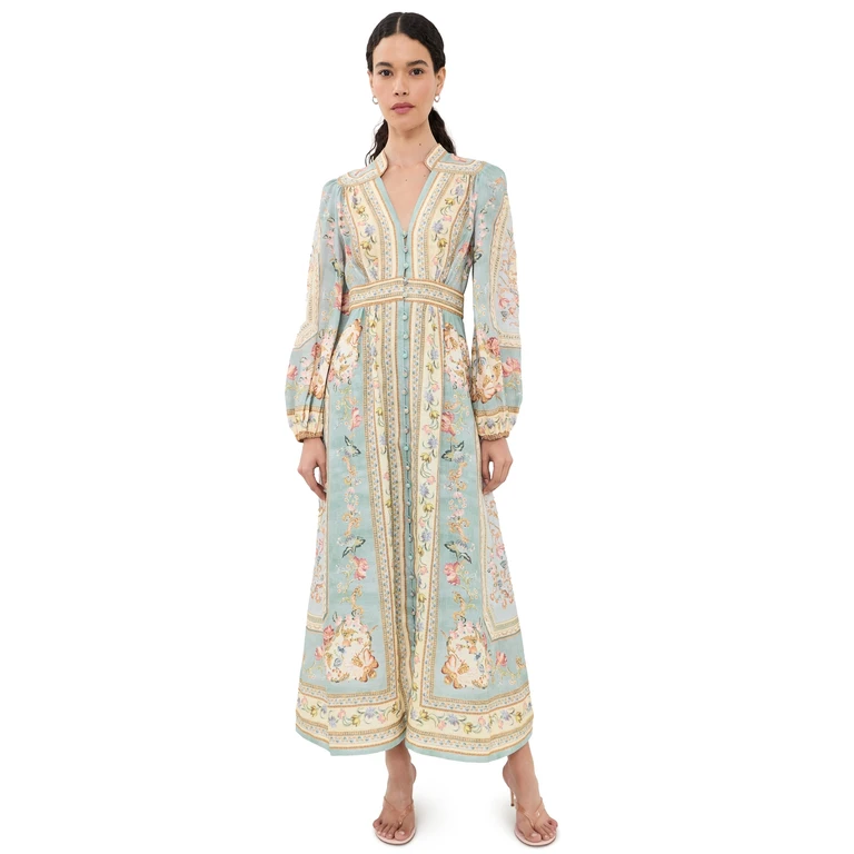 Zimmermann Roselight Plunge Dress Blue Tapestry Floral 0P