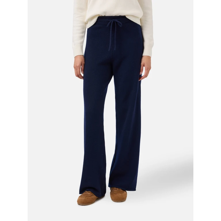 Mc2 Saint Barth Cambon Palazzo Trousers Pure Wool Navy Blue High Waist With Drawstring Pant - Women