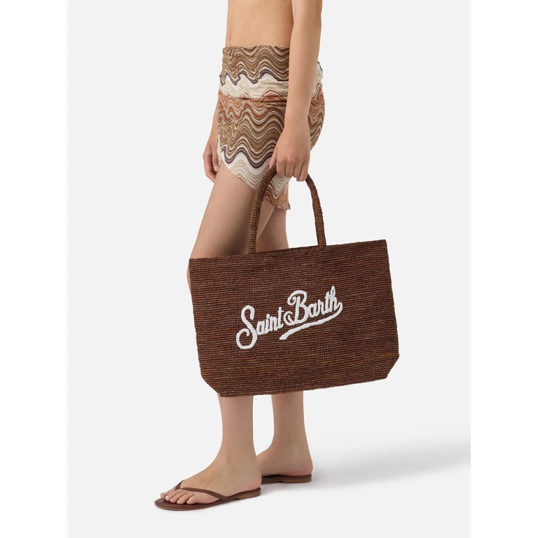 Mc2 Saint Barth Brown Beach Raffia Bag With Contrasting Embroidered Logo - Unisex