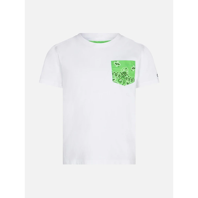 Mc2 Saint Barth Boy Cotton T-Shirt With Green Bandanna Printed Pocket White