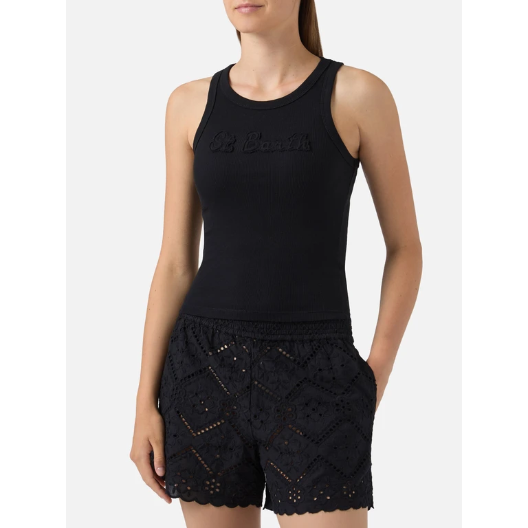 Mc2 Saint Barth Ribbed Black Ada Tank Top With Raised Logo Patch Top_apparel - Women