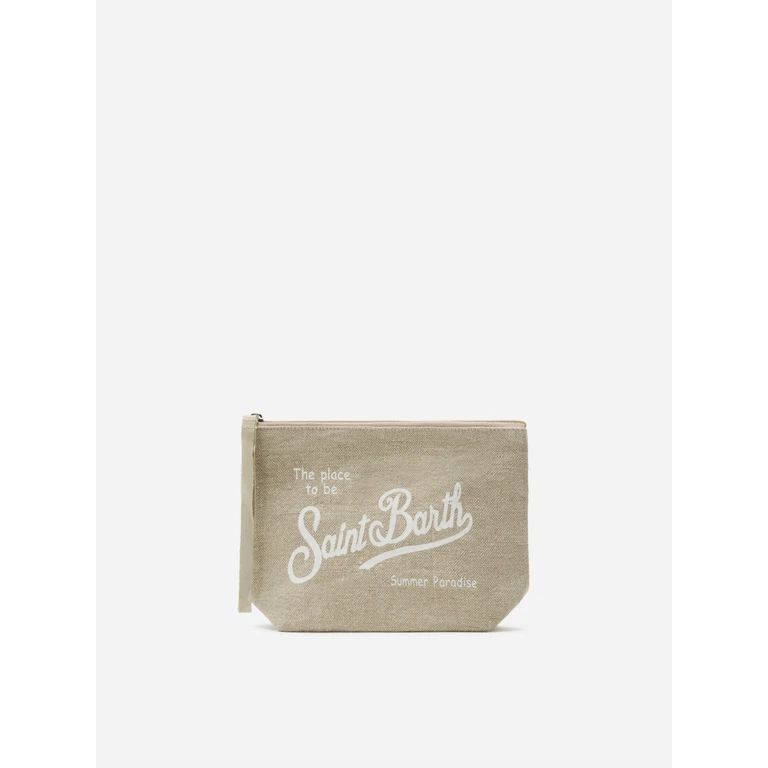 Mc2 Saint Barth Aline Beige Solid Linen Pouch Brown Pochette - Unisex