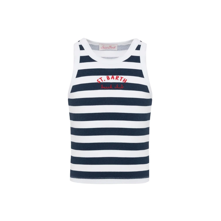 Mc2 Saint Barth Blue Jr Navy Striped Rib-Knit Cotton Crop Tank With Embroidery Top_apparel