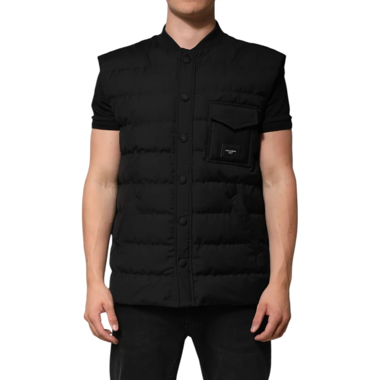 Black Sleeveless Parka Logo Plaque Jacket Polyester Viscose Clothing - Men