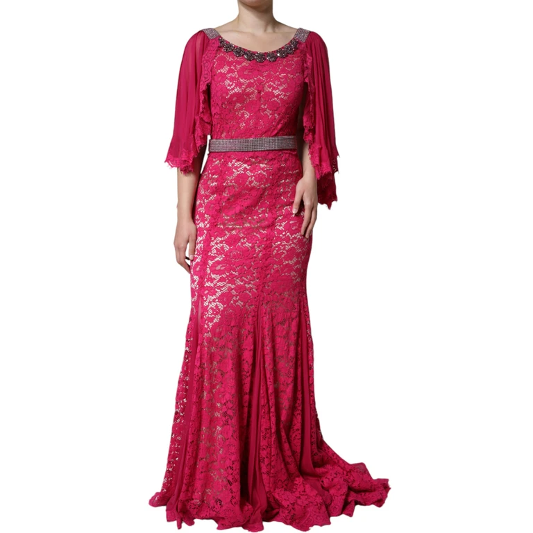 Pink Lace Crystal Sheath Long Gown Dress Silk Cotton Viscose Nylon - Women