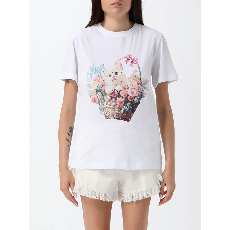 MSGM Short-Sleeved Cotton T-Shirt with Logo and Rhinestone Application (4041MDM136SE26728501)